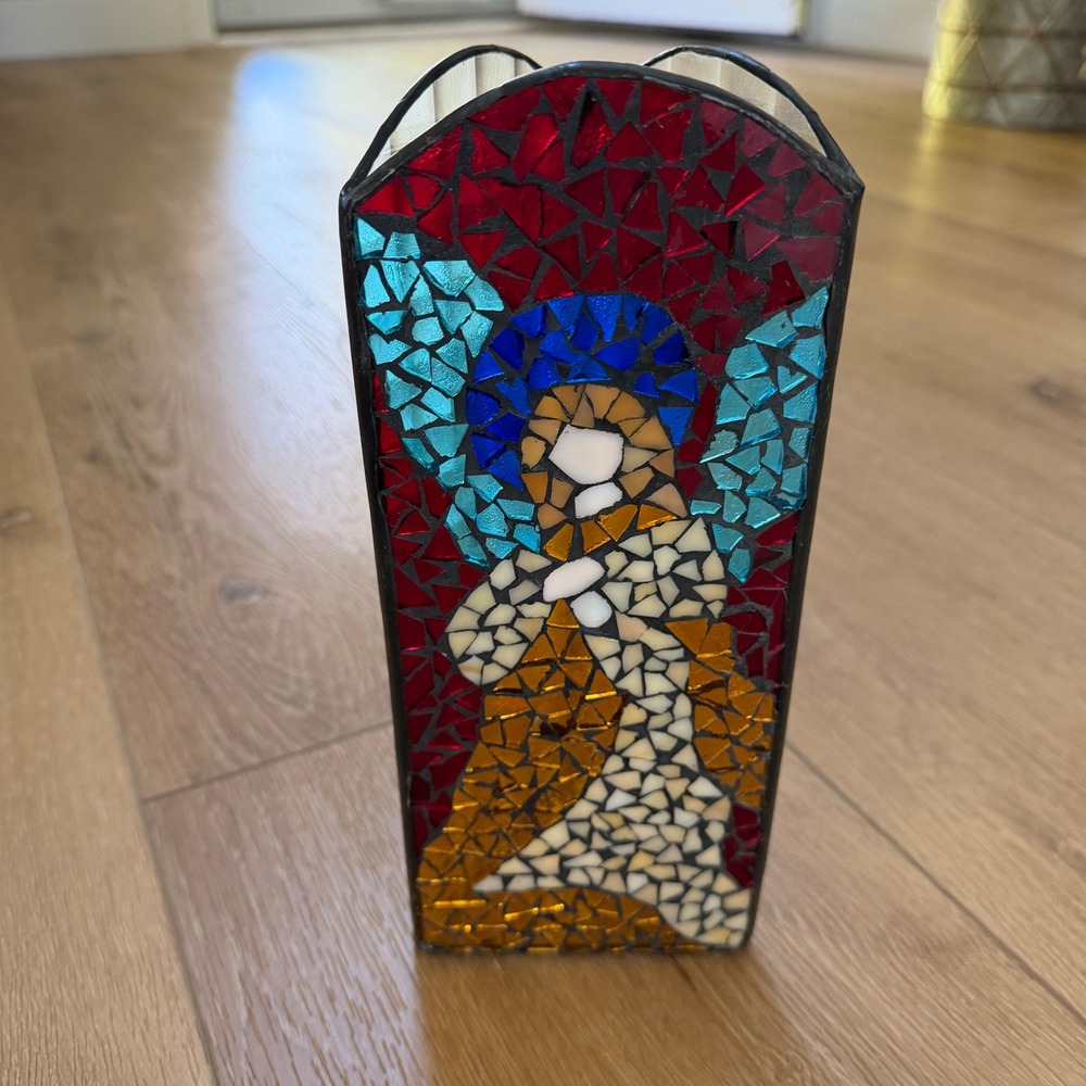 Stained Glass Mosaic Angel Luminary Votive Rectangular Religious Multi-Color